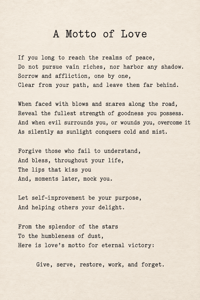 The poem “A Motto of Love” typed on a cream-colored sheet of paper with a vintage texture.